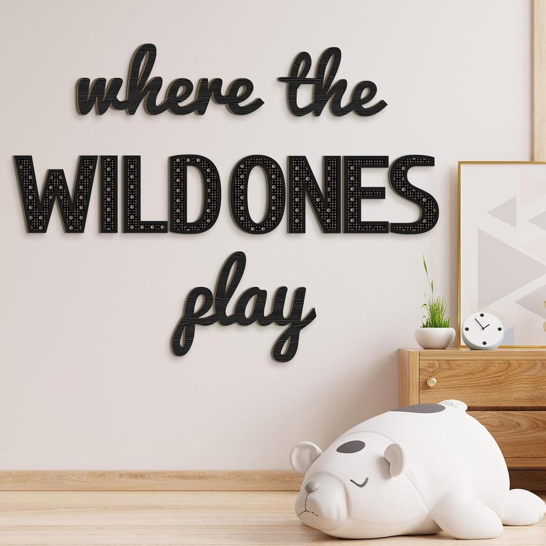 Where the Wild Ones Play Nursery Sign Wooden Playroom Wall Decor Playroom Decoration Word Play Room Sign for Wall Plaques(23 Inch,Black)