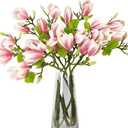 6 PCS 27inch Artificial Magnolia Flowers 3D Real Touch 24 Heads Faux Magnolia Flower buds Realistic Long Stem with lush Green Leaves for Home Wedding Table Office Floral Arrangement Decoration (Pink)