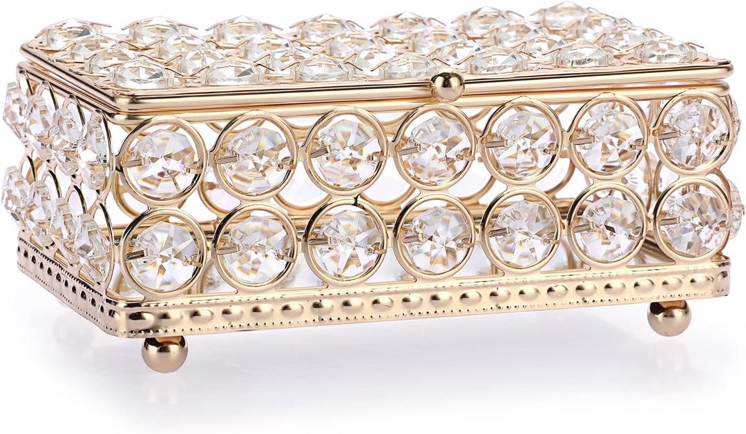 ELLDOO Crystal Jewelry Box Rectangle Trinket Organizer Earrings Rings Box Treasure Box Home Decor Accent Decorative Box with Lid for Valentine Wedding Christmas Birthday Gift, Gold, Small