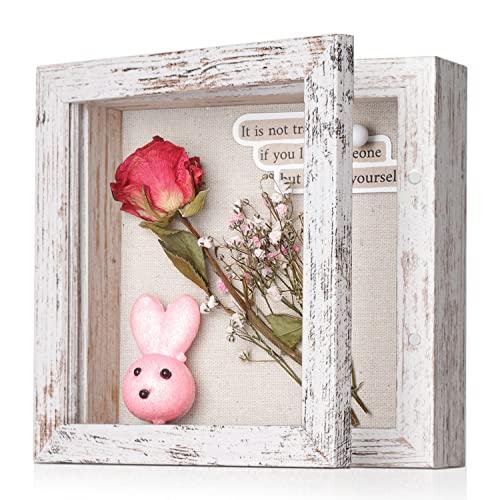 5x5 Shadow Box Frame with Linen Back - Sturdy Rustic Memory Display Case of Flower, Pictures, Medals and More, Distressed White