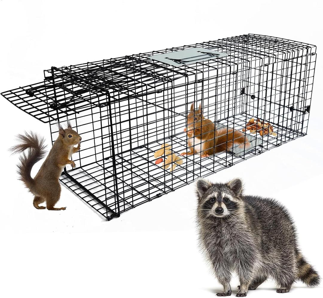 Live Animal Cage Trap, 32" x 11" x 12" Heavy Duty Folding Raccoon Traps, Humane Cat Trap for Stray Cats, Squirrels, Raccoons, Skunks, Groundhogs and Opossums, Catch and Release, Black