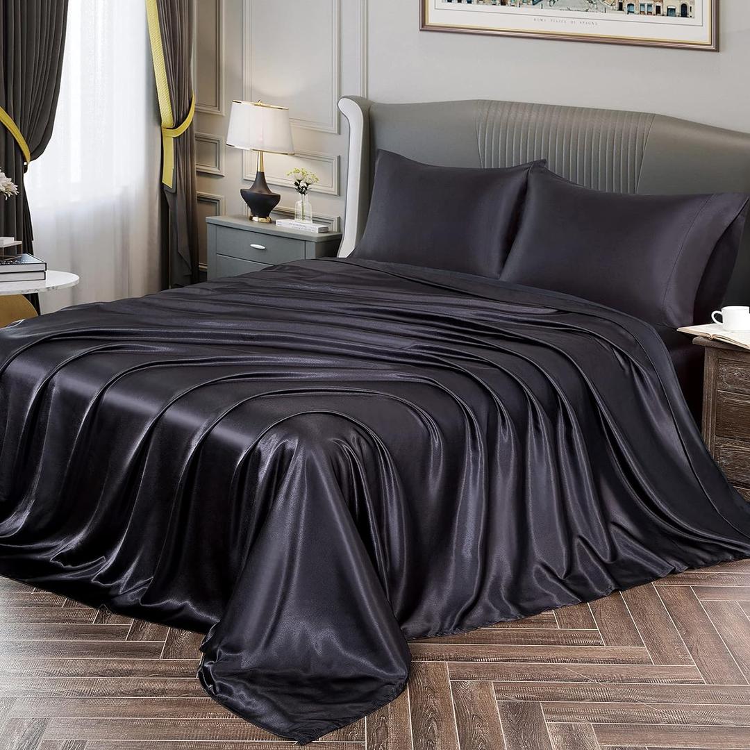 Vonty Satin Sheets Full Size Silky Soft Satin Bed Sheets Black Sheet Set, 1 Deep Pocket Fitted Sheet + 1 Flat Sheet + 2 Pillowcases (Full, Black)