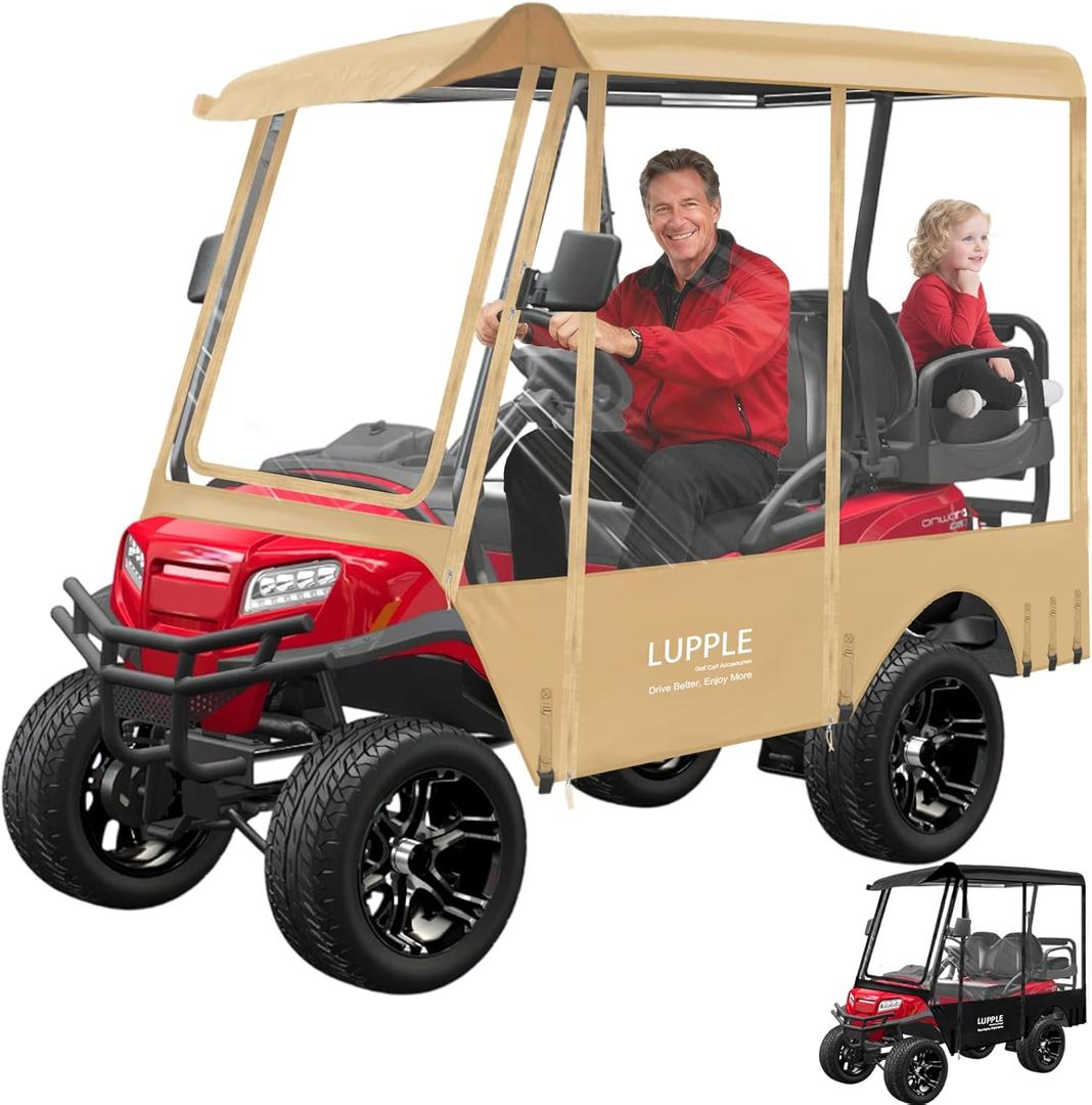 Universal 4 Passenger Golf Cart Enclosure 78.7" Extended Roof for EZGO, Club Car Onward Tempo, Evolution, 600D Waterproof Rain Cover, 4-Sided PVC Window for Winter Driving Khaki