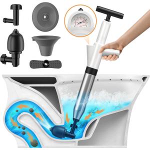 Toilet Plunger, Drain Clog Remover, High-Pressure Air Drain Blaster with Real-Time Barometer Powerful Drain Snake Sink Plunger Plumbing Tools, Plungers for Bathroom, Sink, Floor, Kitchen Clogged (White)