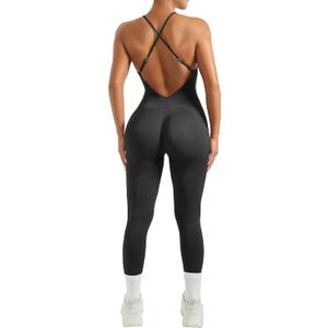 MOOSLOVER Women Strappy Backless One Piece Jumpsuits Tummy Control Padded Workout Rompers (Small, #1 Black)