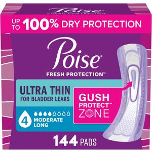 Poise Ultra Thin Incontinence Pads for Women, 4 Drop, Long, 144 ct
