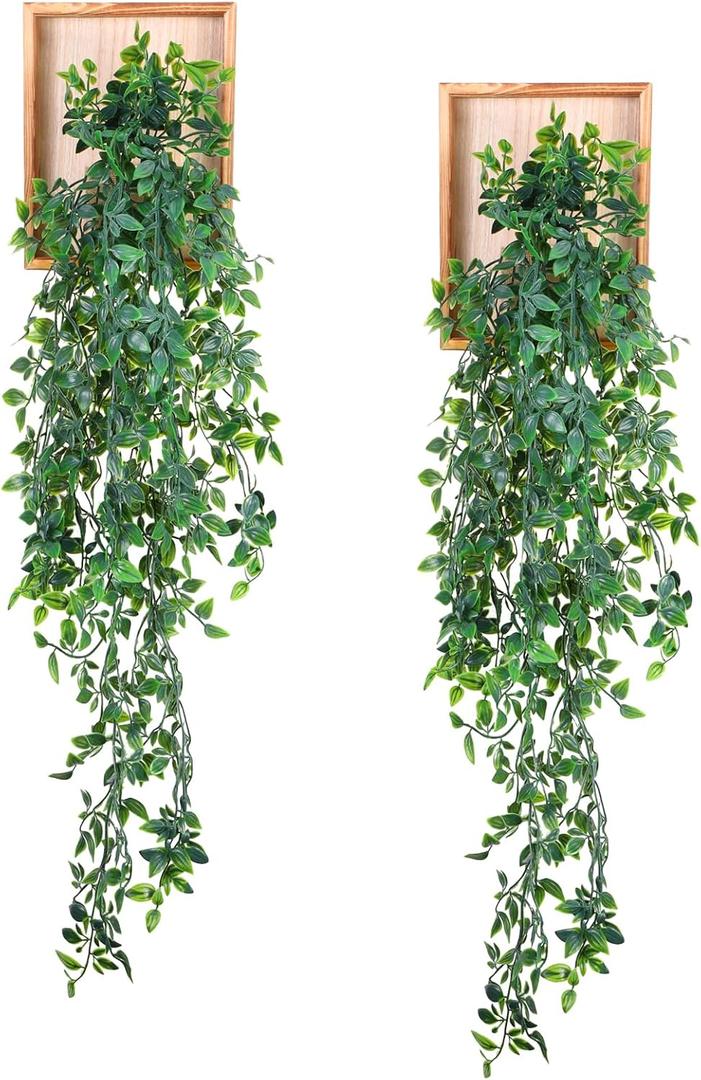 2 Pack Artificial Hanging Plants with Wooden Frames Home Fake Hanging Mandala Leaves Greenery Plants Mandala Vine Supplies for Wall Living Room Decor Bathroom Shelf Indoor