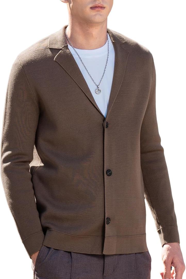 New Sweater V-Neck Solid Color Cardigan Sweater Men's Lazy Style Jacket Clip (Brown, L)