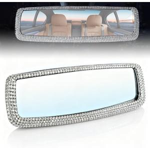 Bling Rhinestone Rearview Mirror, Car Interior Clip-on Rear View Accessories Decorations Panoramic Rear View Mirror with Bling Rhinestones Crystal Diamonds Edge for SUV, Truck (1 PC, Silver)