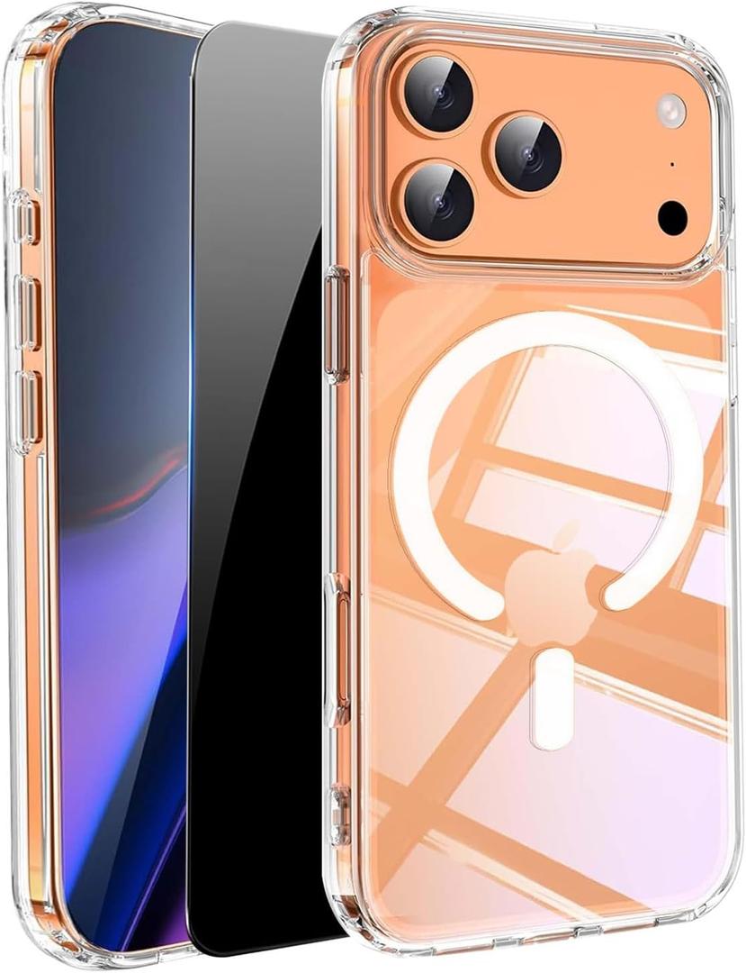 3 x Clear Phone Case for iPhone 17 Pro Max Case Magnetic with Privacy Screen Protector [Anti-Yellowing] Rugged Shockproof Protective Bumper Case 6.9" 2025 Transparent