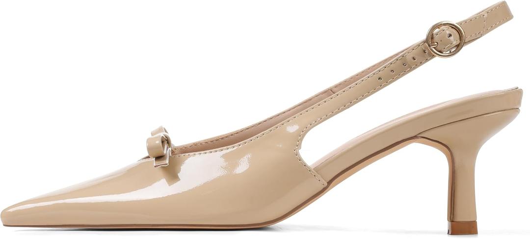 Mattiventon Slingback Heels for Women Kitten Heels Bow Ankle Strap Pointed Toe Heel Sexy Wedding Dress Party Pumps (Beige), 10