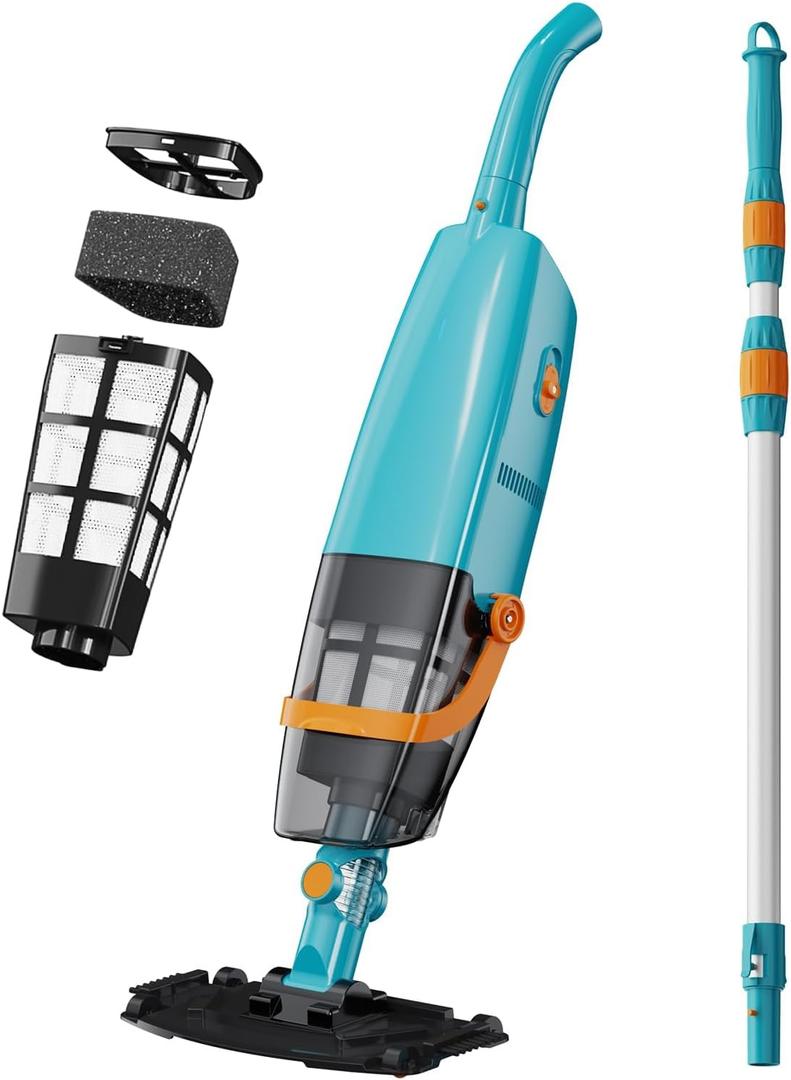 LVKE L2 Cordless Handheld Pool Vacuum for Above Ground Pool with Telescopic Pole, Strong Suction Power, 1H Runtime, High-Efficiency Screen & Fine Sponge, Ideal for Deep Pool Cleaning, Blue