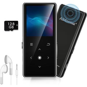 128GB MP3 Player with Bluetooth 5.2, AiMoonsa Music Player with Built-in HD Speaker, FM Radio, Voice Recorder, HiFi Sound, E-Book, Earphones Included