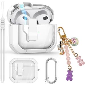 Clear Case for AirPods 3 Gen Case 2021, Secure Lock Case for Apple Airpod 3rd Generation Case Cover with Silicone Wrist Strap Cute Candy Keychain for Women,White
