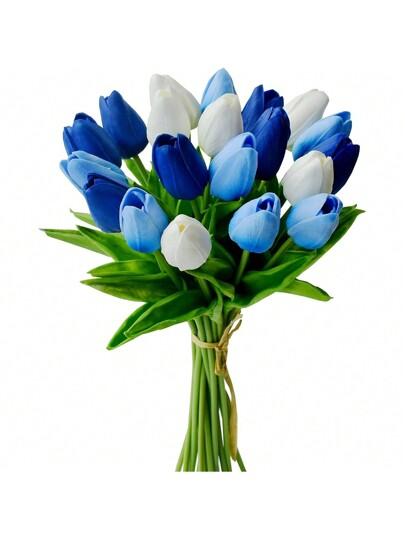 30 Pcs Tulips Artificial Flowers Fake Navy, Blue, White Flowers Latex Tulips Real Touch 13" Silk Flower for Spring Mother's Day Easter Gifts in Bulk Home Kitchen Wedding Decorations