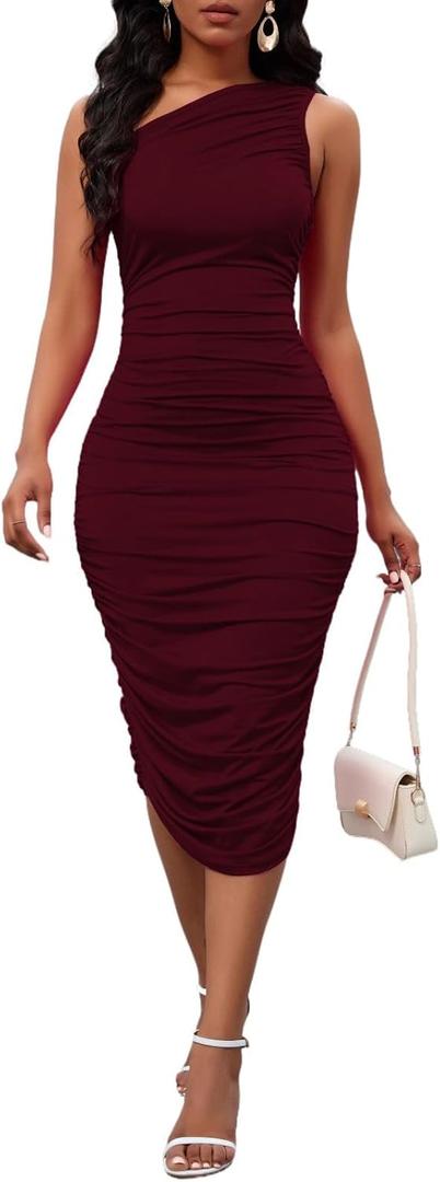 Women's Sexy One Shoulder Dresses Sleeveless Party Club Ruched Cocktail Wedding Guest Bodycon Midi Dress (Medium, Burgundy)
