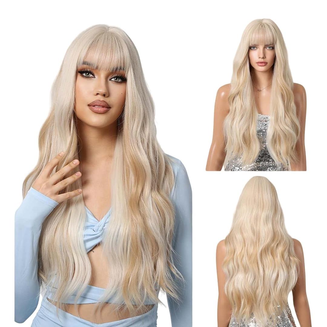 Dark White Wig with Bangs - Long Wavy Brunette Wigs for Women, Natural Looking Long White Wig - Best Wigs for Halloween/Christmas/Party