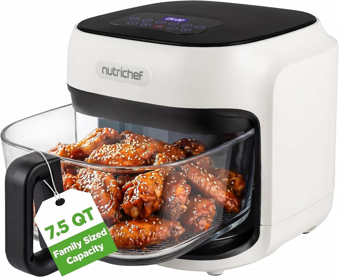 NutriChef Family Size 7.5 Quart Air Fryer | 6 Preset Cooking Modes | Glass Fry Bowl for Best Cooking | 360 Air Circulation | Cook Veggies, Steak, Fries, Seafood, Chicken & More | White