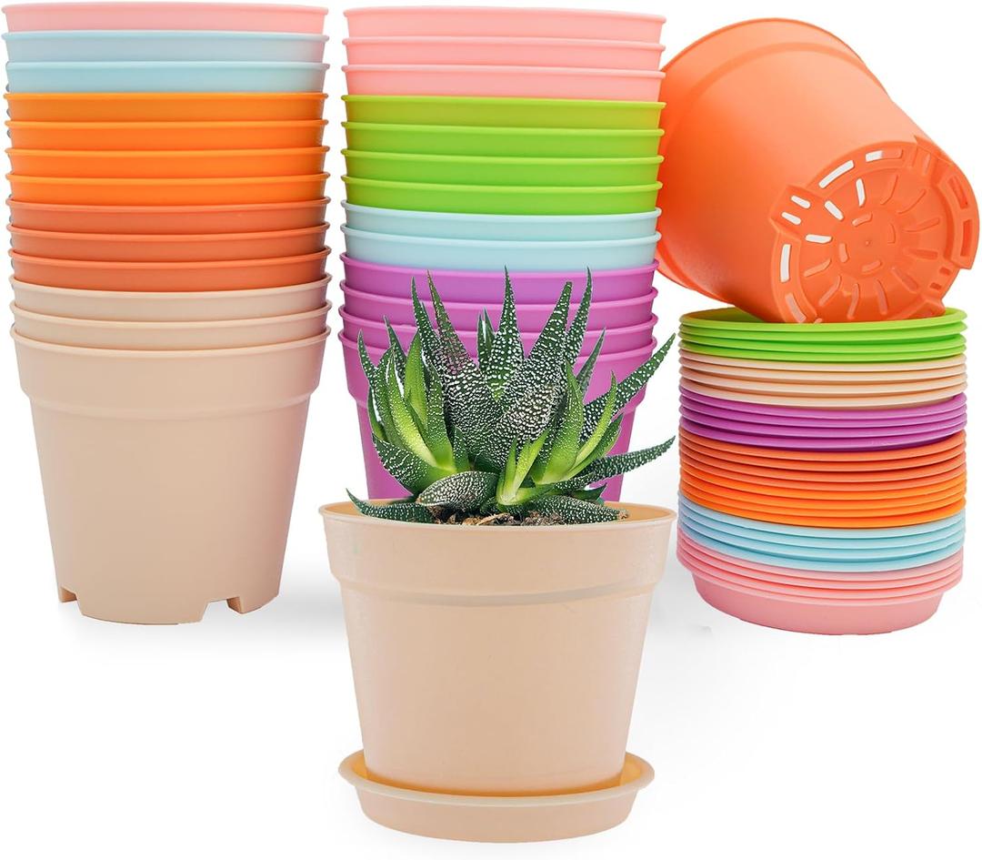 SwinDuck 4 inch Plant Pots, 28 Pack Small Plastic Planters with Drainage Holes and Saucers for Flowers Plants, Succulents, Seed Starting Pots, Colorful, 4 inches x 3.42 inches