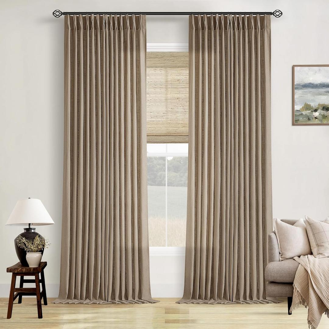 Light Brown 90 Inch Linen Curtains Pinch Pleated for Living Room Bedroom Dining Boho Light Filtering Pinch Pleat Drapes Hooks Rings Back Tab Semi Sheer Tan Latte Coffee Color Window Curtains 2 Panels