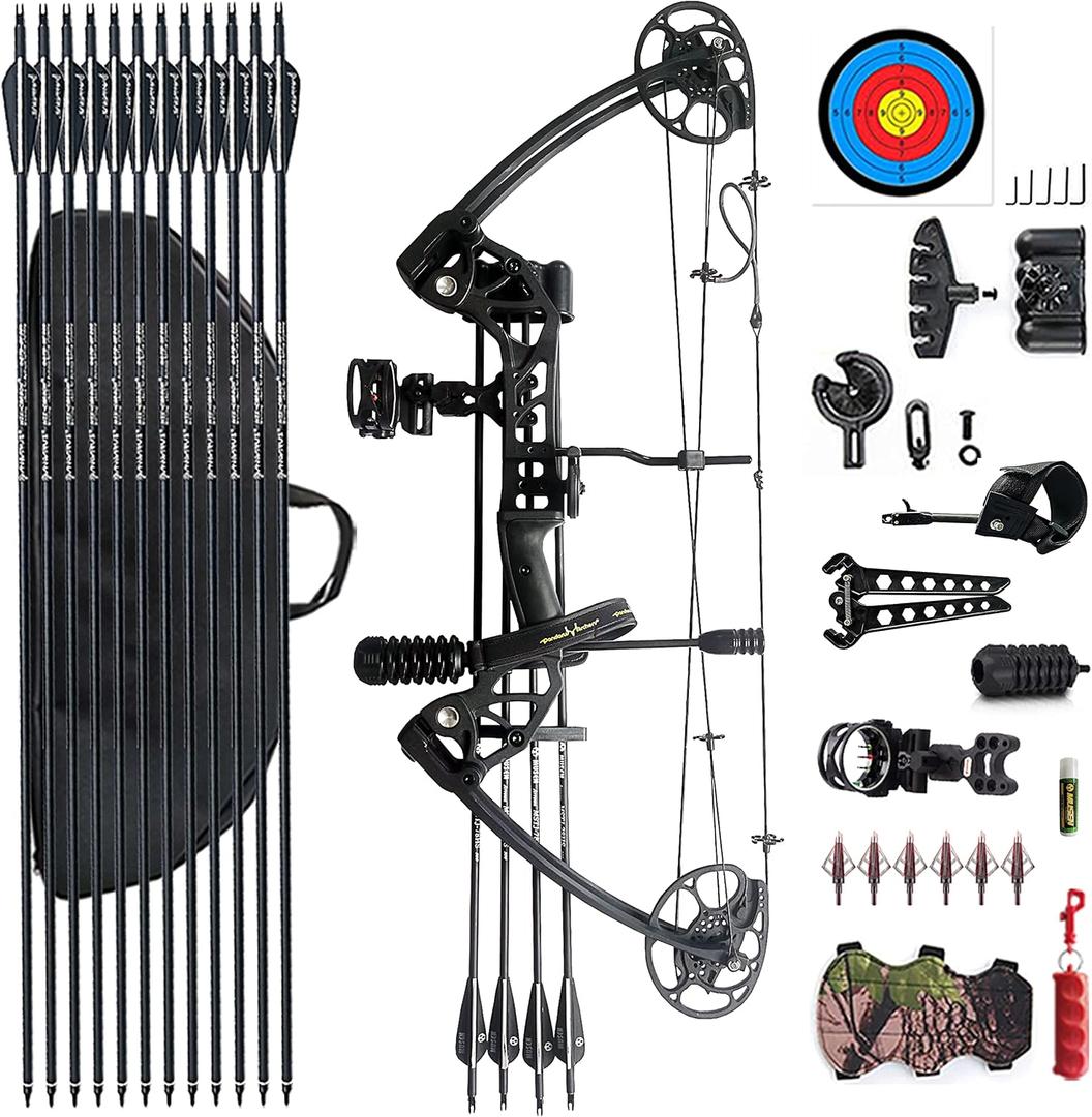 PANDARUS Compound Bow Draw Weight 0-70 Lbs for Pull Beginner and Intermediate Archer Fully Adjustable 19.25"-31" with All Accessories, up to IBO 320 fps New 2024(Black Right Handed Bag)