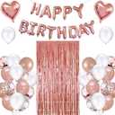 Morofme Rose Gold Birthday Party Decorations Set with Rose Gold Happy Birthday Balloon Banner Confetti and Latex Balloons Heart Foil Balloon Fringe Curtain for Shower Party Supplies