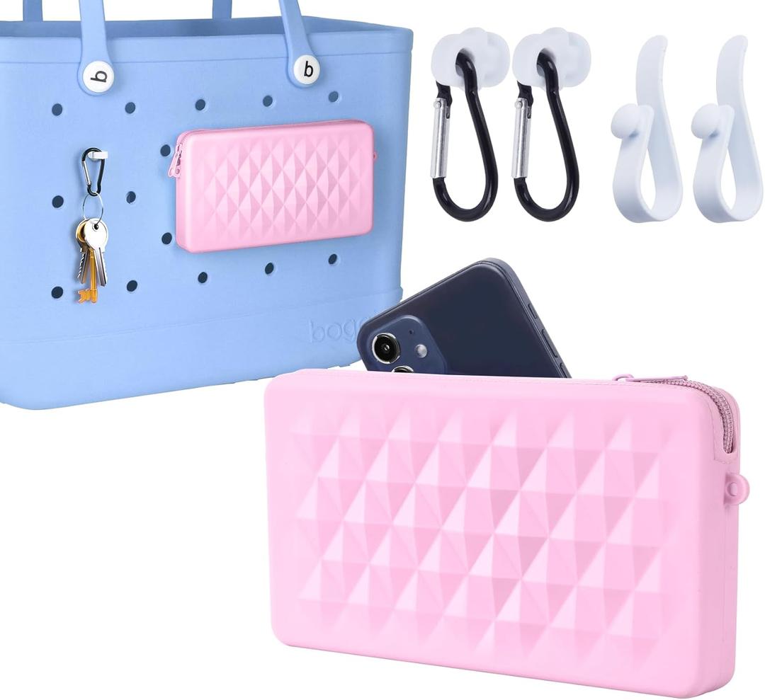 Silicone Pouch for Bogg Bag Accessories, Universal Cell Phone Holder for Bogg Bag, Zipper Pouch with 4 Hooks Compatible with Simple Modern Beach Tote XL/L Pink