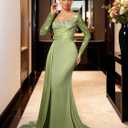 Mermaid Satin Prom Dresses for Women 2026 Long Sleeve Sequin Formal Dress Sparkly Evening Party Gowns with Slit (Green)