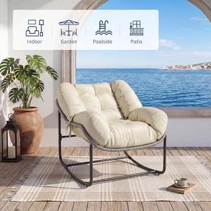 GarveeLife Rocking Chair, Papasan Chair with Detachable Flannel Cushion & Extendable Footrest, Comfy Rattan Rocking Chair for Porch Lawn Bedroom Living Room (Beige)