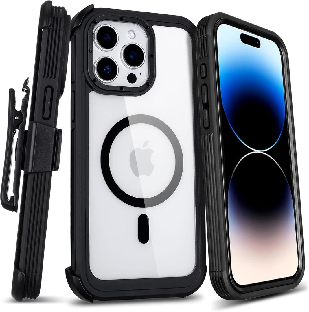 Defender for Clear iPhone 14 Pro Max Case with Belt Clip Holster, Compatible with MagSafe, Anti-Yellowing, Full-Body Phone Cover for iPhone 14 Pro Max Case (Clear & Black)