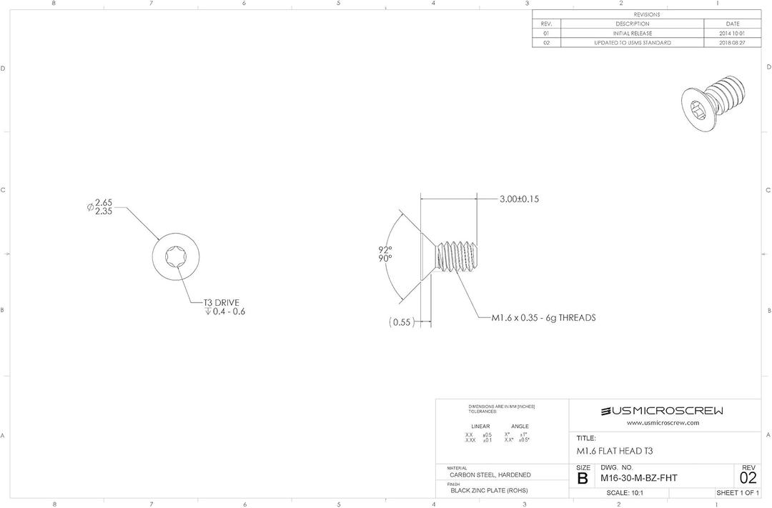 M1.6-0.35 X 3mm Machine Screw Black Zinc Plated Steel Flat Head 6-Lobe Drive (100 Pcs) - M16-30-M-BZ-FHT