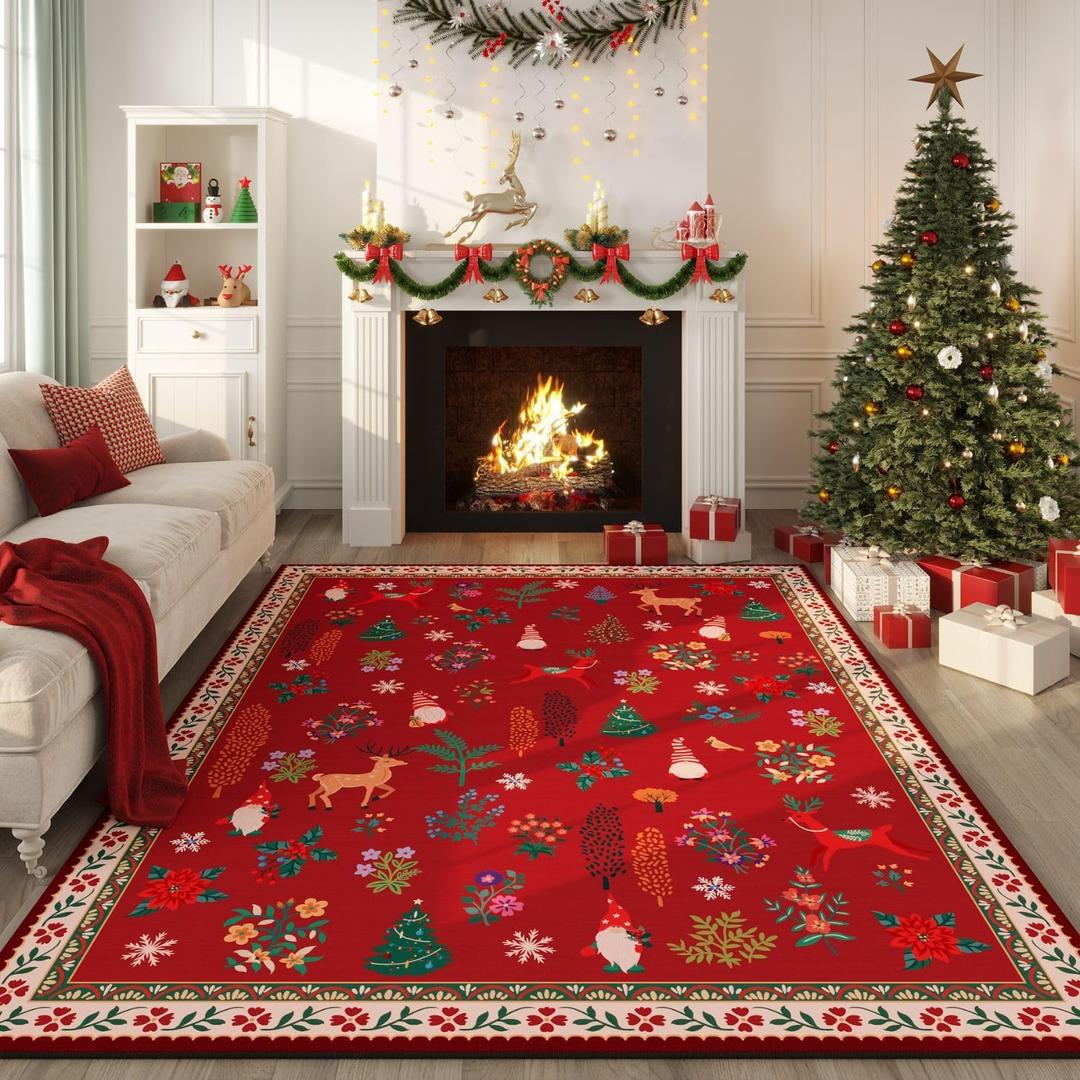Rugcomf Christmas Area Rugs 8x10  Red Santa Claus Living Room Rug, Machine Washable Non-Slip Low Pile Holiday Carpet for Bedroom, Dining Room, Playroom, Office, Farmhouse