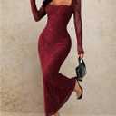 OYOANGLE Women's Floral Lace Slit Back Fishtail Long Dress Square Neck Cocktail Bodycon Dresses (Red, L)