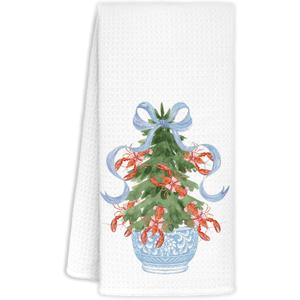 Christmas Chinoiserie Kitchen Towels Decor,Blue Bow Christmas Tree Towels Gifts,Red Lobster Christmas Hand Towels for Bathroom Kitchen,Grandmillennial Decor,16x24 Inches