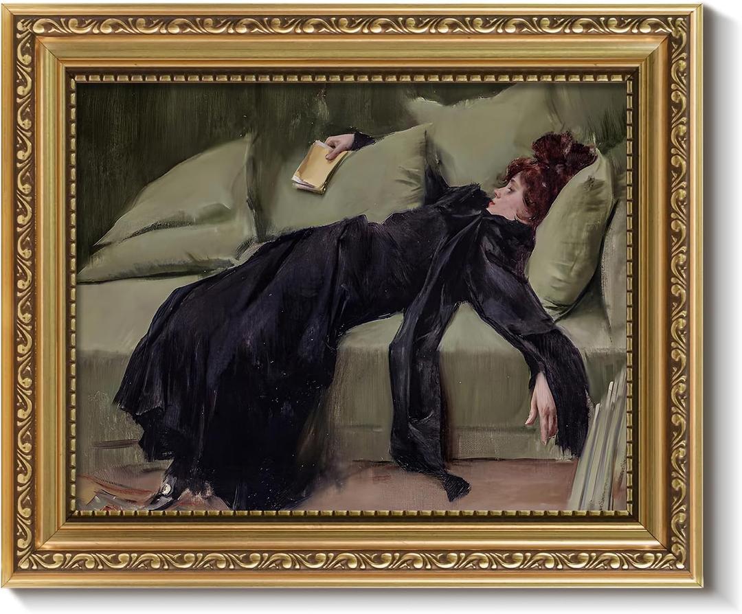 ARPEOTCY Vintage Gold Framed Wall Art, Classical Trendy Woman Gallery Paintings, 8x10 inch Small Victorian Farmhouse Canvas Prints Home Decor, Wall Decor for Living Room Bathroom Bedroom Shelf (Woman Lying on Sofa)