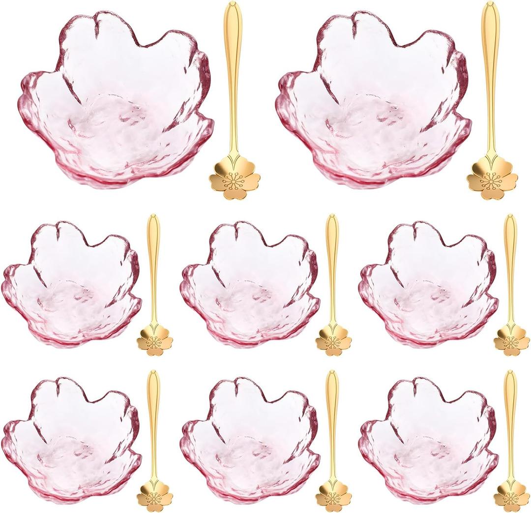 Set of 8 Pink Cherry Blossom Glass Bowls with Flower Spoons, Sakura Sauce Dishes Seasoning Little Bowl Japanese Flower Crystal Glass Appetizer Plates for Dipping Ice Cream (Classic)