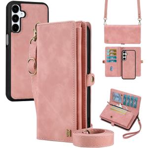 for Wallet Case Compatible with Samsumg Galaxy S24 Plus Multi-Function Detachable 2 in 1 Magnetic Phone Case Wallet,Flip Strap Zipper Card Holder Phone Case with Shoulder Straps (Pink)