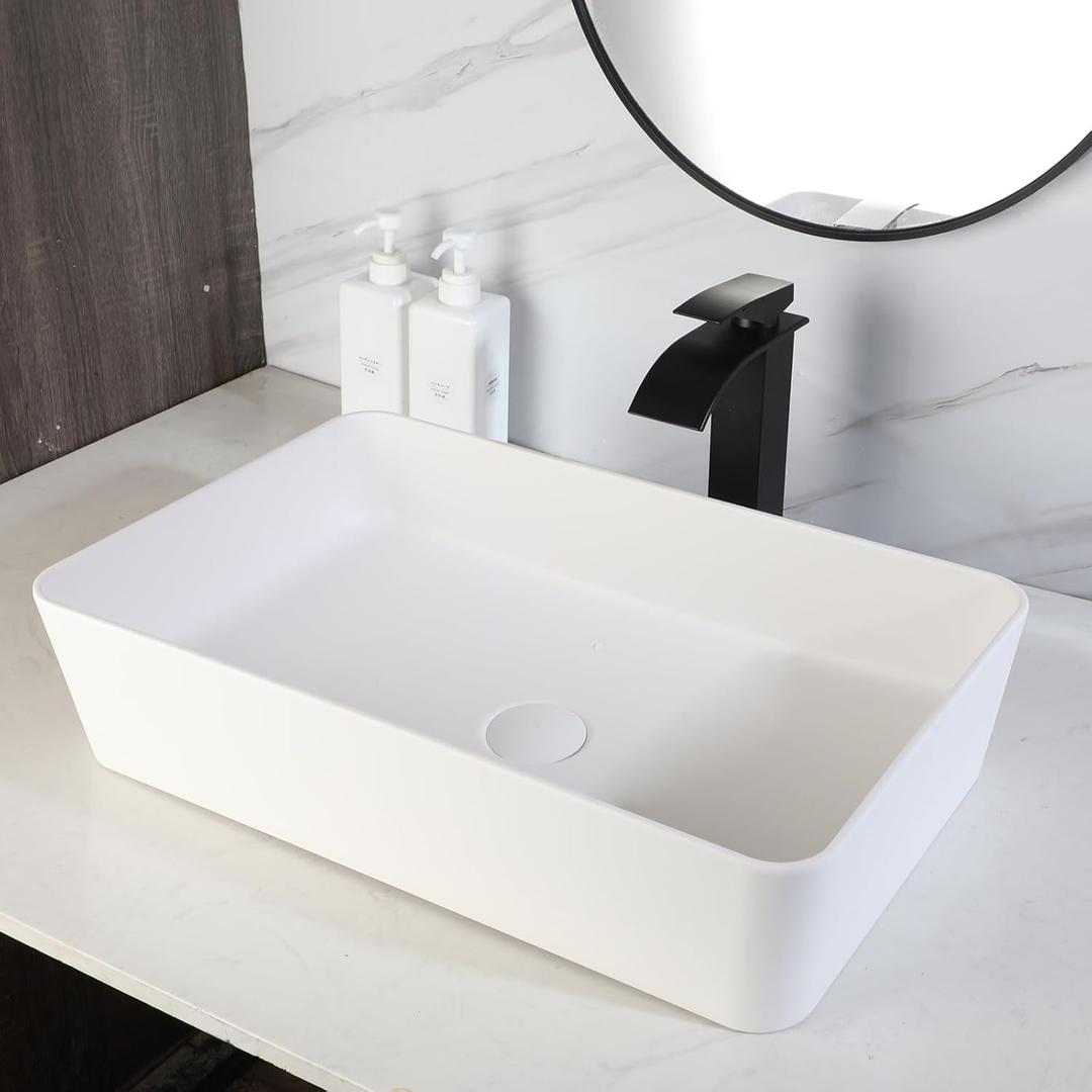 OUBIONI 22"x14" Rectangle Vessel Sink with Drain White Stone Resin Bathroom Sink Above Counter Bathroom Basin Bowl