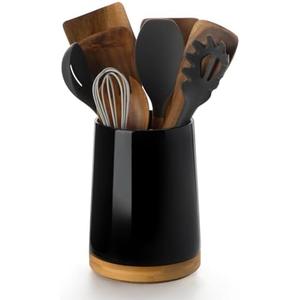 Nucookery 360° Rotating Utensils Holder, 8.2" Extra High Large Ceramic Kitchen Utensil Holder with Countertop-Protection Cork Bottom, Top Gathering Kitchen Decor for Counter (Black)