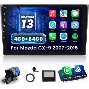NHOPEEW [4+64G] for Mazda CX-9 2007-2015 Android Car Radio with Wireless Carplay and Android Auto - 10.1 Inch Touch Screen Car Stereo - 32EQ Audio/WiFi/GPS Navigation/SWC + AHD Backup Camera