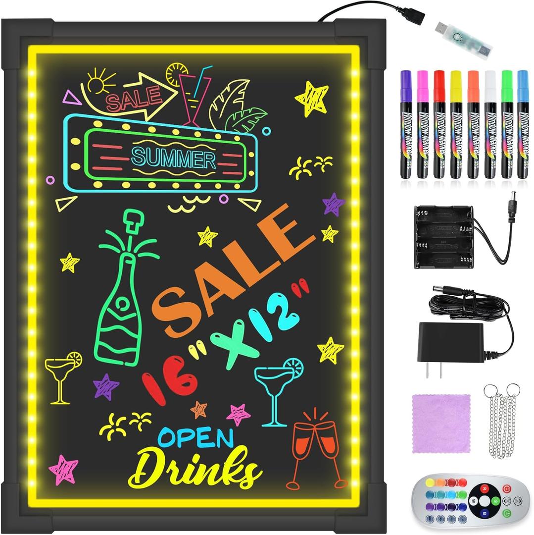 Hosim LED Message Writing Board 35"x27" Illuminated Erasable Neon Effect Restaurant Menu Sign with 8 colors Markers, 7 Colors Flashing Mode DIY Message Chalkboard for Kitchen Wedding Promotions