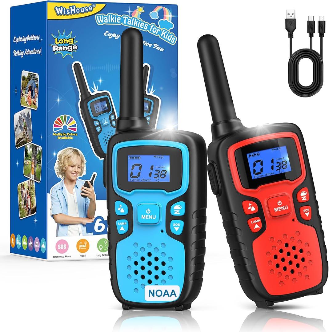 Wishouse Walkie Talkies for Kids Rechargeable Long Range,Xmas Birthday Gift for 4 5 6 7 8 9 Year Old Boys Girls,Hiking Gear Camping Games Cool Toys with NOAA,SOS Siren,Lamp,Lanyards,Easy to Use,2 Pack (Red Blue)