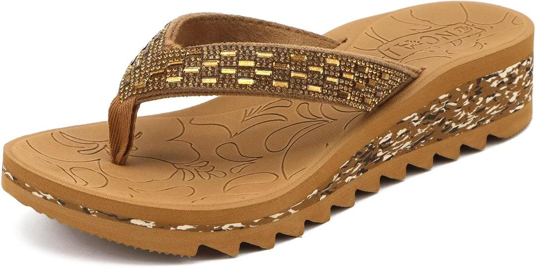 ONCAI Women's Wedge Flip Flops with Rhinestone，Recovery Dressy Walking Sandals for Women with Comfortable Arch Support Cushion Yoga Mat Summer Rubber Soles(US Size 9)