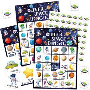 Shappy 35 Pcs Outer Space Party Bingo Cards 24 Players Outer Space Birthday Party Games Bingo Games for Adults Family Activities Birthday Wedding Party Favors Gifts