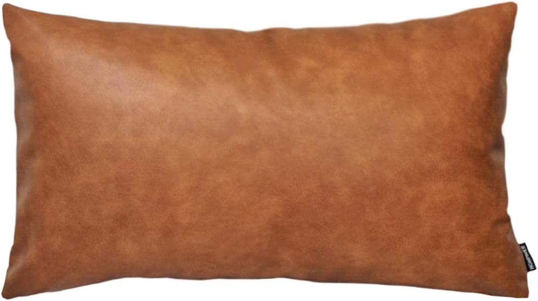 Faux Leather Lumbar Throw Pillow Cover 12x20 Decorative Bedroom Living Room Modern Boho Accent Rectanglar Cognac Brown Small Cushion Case for Bed Sofa Couch