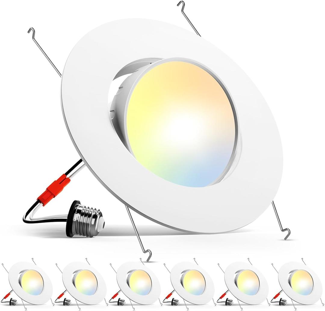 Amico 5/6 Inch Retrofit Eyeball Gimbal Can Lights 6 Pack, 5CCT LED Recessed Lights Directional Angled Trim Adjustable Ceiling Downlight, 2700K/3000K/4000K/5000K/6000K, 16W=150W, 1500 LM- ETL&FCC