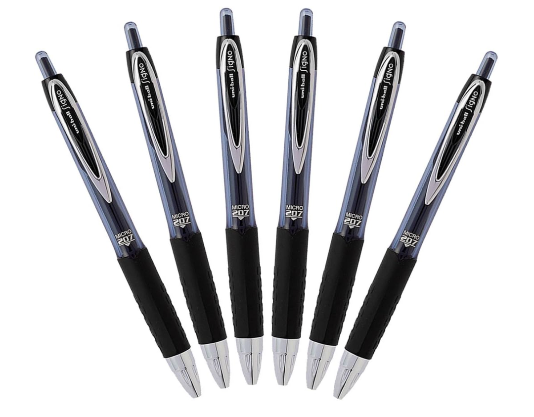uniball 207 Retractable Gel Pens, Micro Point (0.5mm), Black, 12 Pack