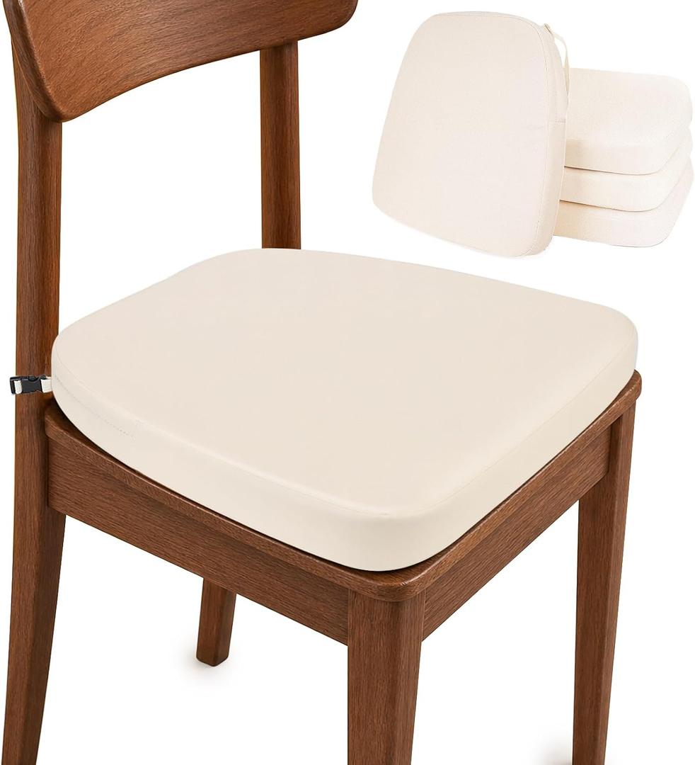 YOUFI Dining Chair Cushions Set of 4, Waterproof PU Leather Kitchen Chair Pads with Adjustable Buckle Straps, 17" x 16" x 2" D-Shaped Non-Slip Seat Cushions for Dining Room (Beige)