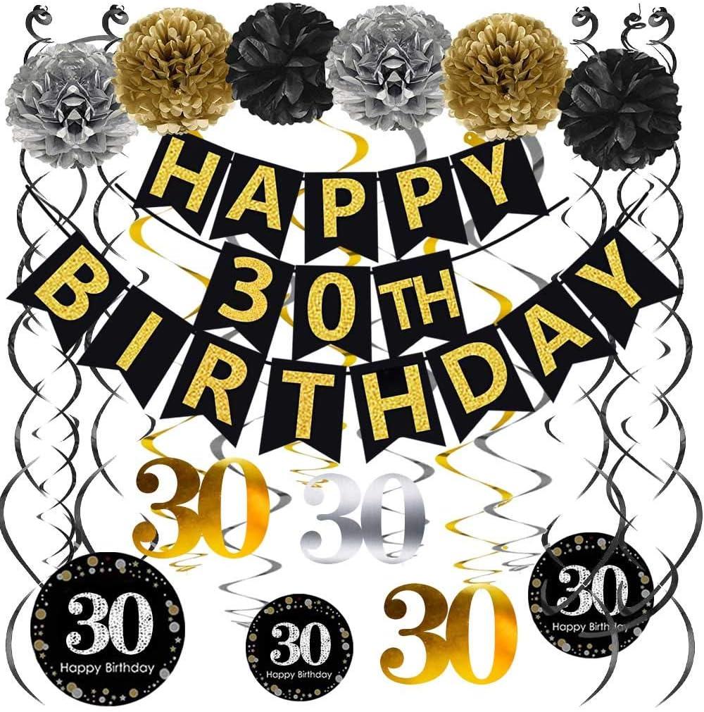 Famoby Black & Gold Glittery Happy 30th Birthday Banner,Poms,Sparkling 30 Hanging Swirls Kit for 30th Birthday Party 30th Anniversary Decorations Supplies