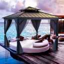10x10 Ft Hardtop Gazebos with Heavy Duty Double Roof, Nettings and Curtains Galvanized Steel Outdoor Gazebos for Patio, Backyard, Deck, Lawn